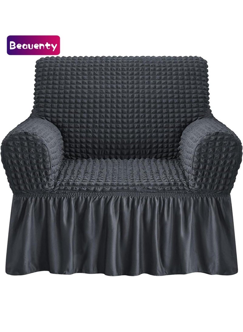 Beauenty Armchair Cover Dark Grey Armchair Slipcover 1 Piece Easy Fitted Sofa Couch Covers Universal High Stretchable Durable Furniture Protector with Skirt Country Style (1 Seater Dark Gray) - Image 1